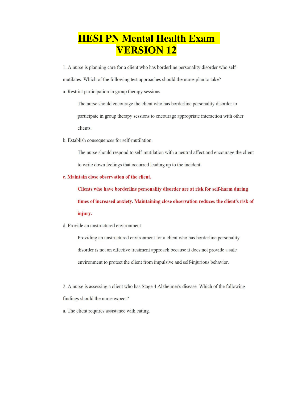 Latest 20222023 HESI PN Mental Health Exam Version 12 Questions